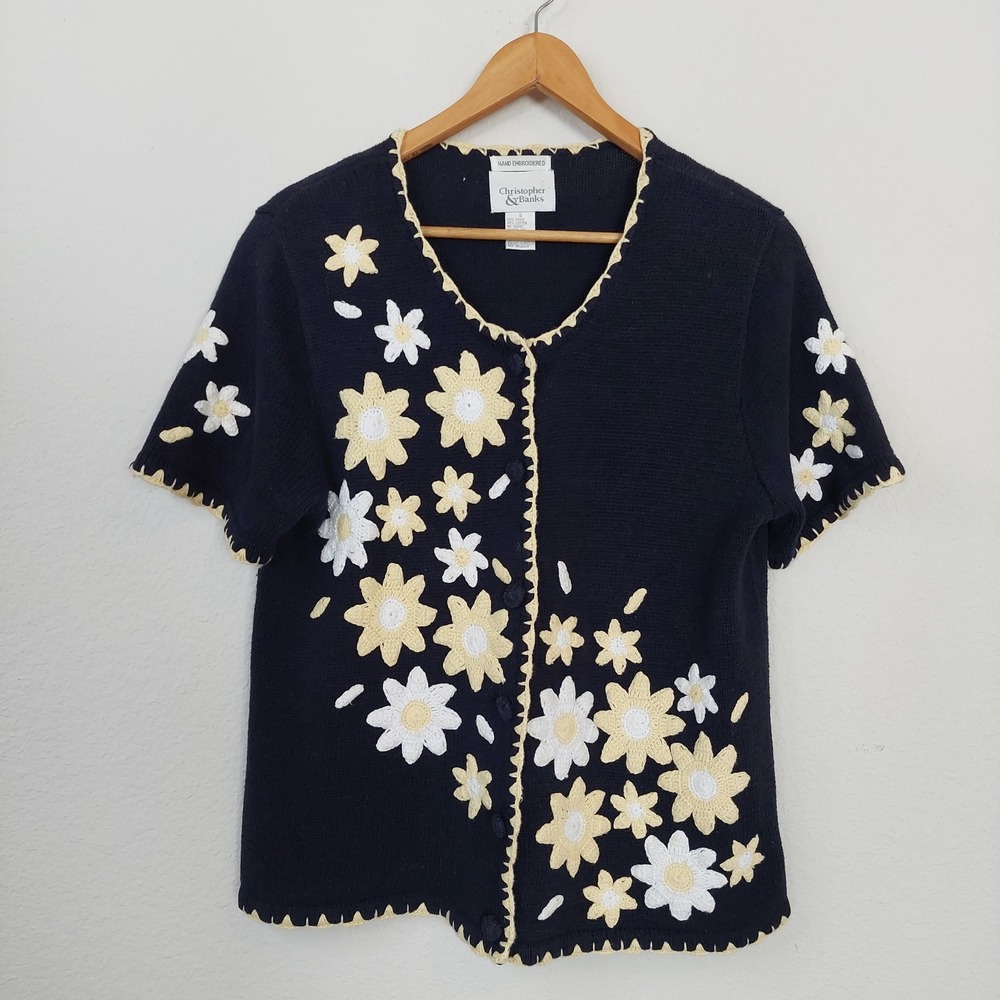 Christopher‎ & Banks Navy Floral Hand Embroidered Crochet Cardigan Sweater S